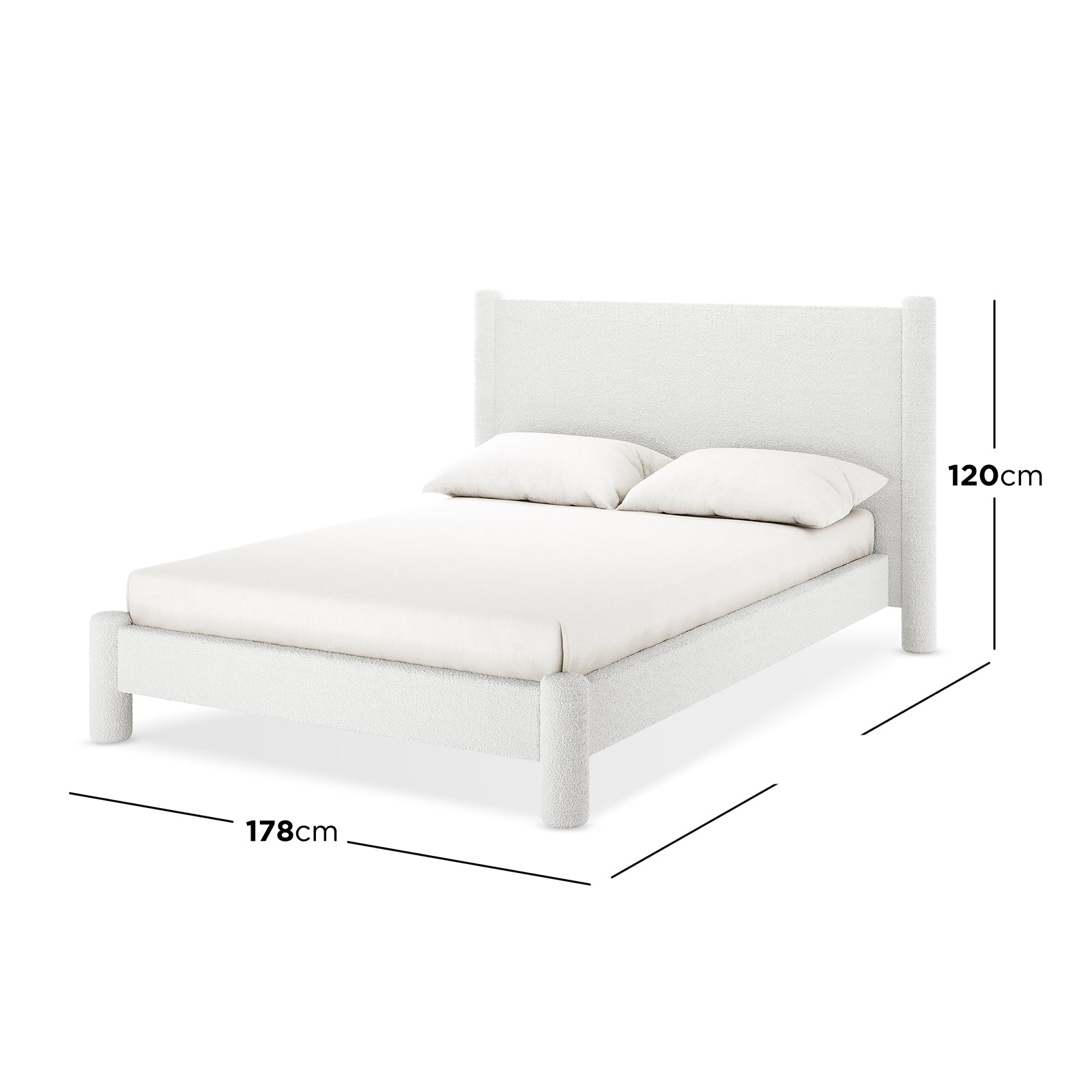 Rhoda Double Boucle Fabric Bed Frame in Cream White features a low-profile design with a simple headboard, cylindrical legs, and dimension lines indicating 178 cm length and 120 cm headboard height.