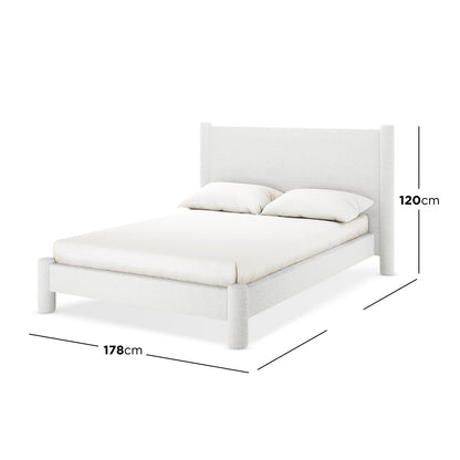 Rhoda Double Boucle Fabric Bed Frame in Cream White features a low-profile design with a simple headboard, cylindrical legs, and dimension lines indicating 178 cm length and 120 cm headboard height.