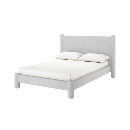 Rhoda Double Boucle Fabric Bed Frame in Light Grey features a modern upholstered design, with an oversized curved headboard, plush boucle fabric, and a low-profile frame, offering comfort and style.