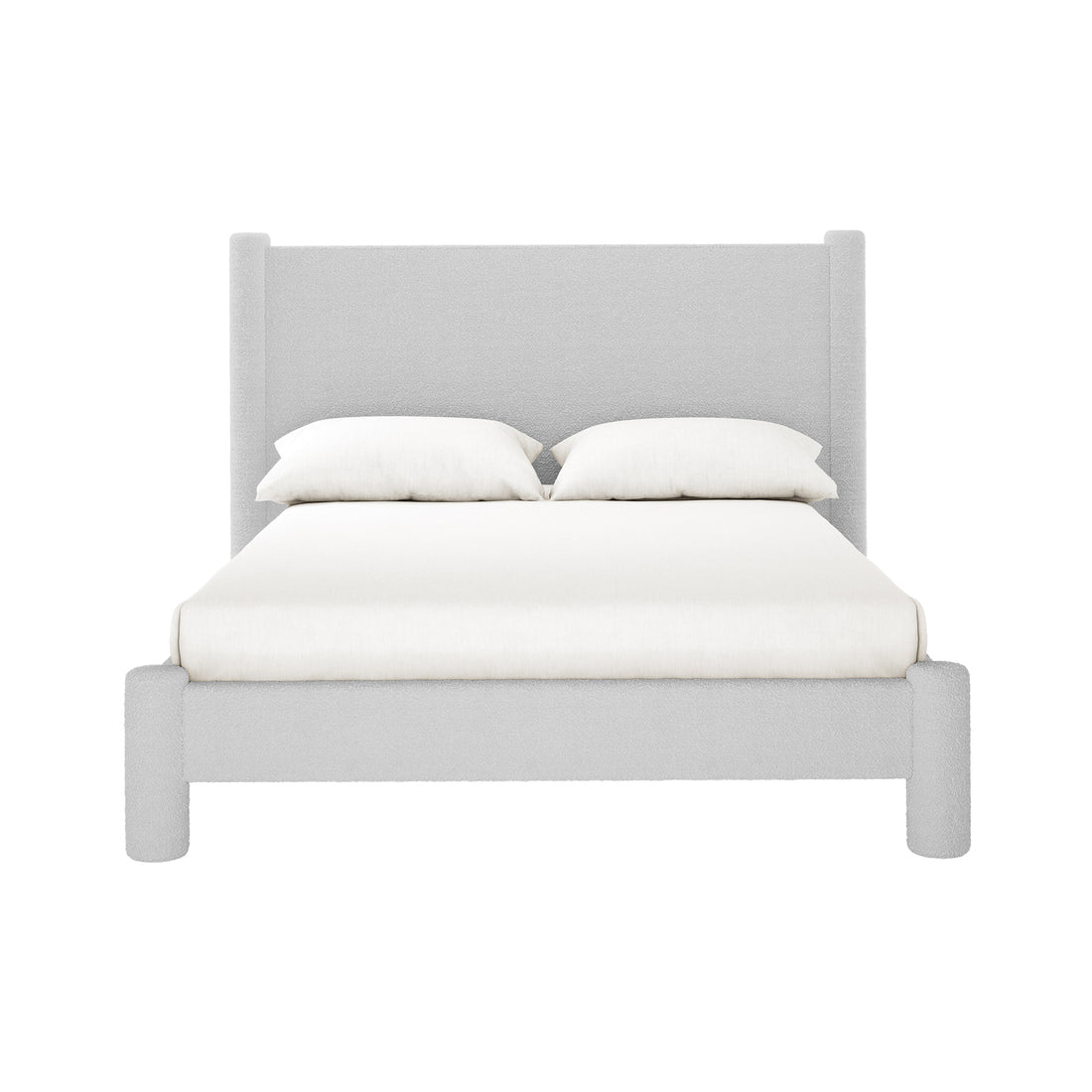 Rhoda Double Boucle Fabric Bed Frame in Light Grey features a modern upholstered design with a tall, curved headboard and low footboard, adorned with white bedding and two pillows, set against a plain background.