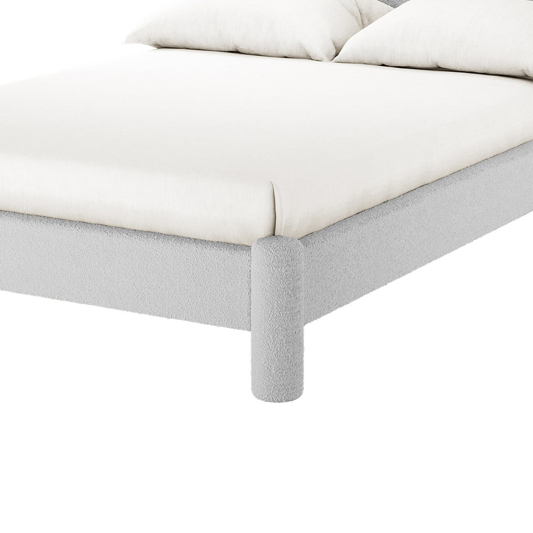 Rhoda Double Boucle Fabric Bed Frame in Light Grey, featuring a low-profile design with a soft-fabric frame, cylindrical legs, and an oversized curved headboard for modern comfort and style.