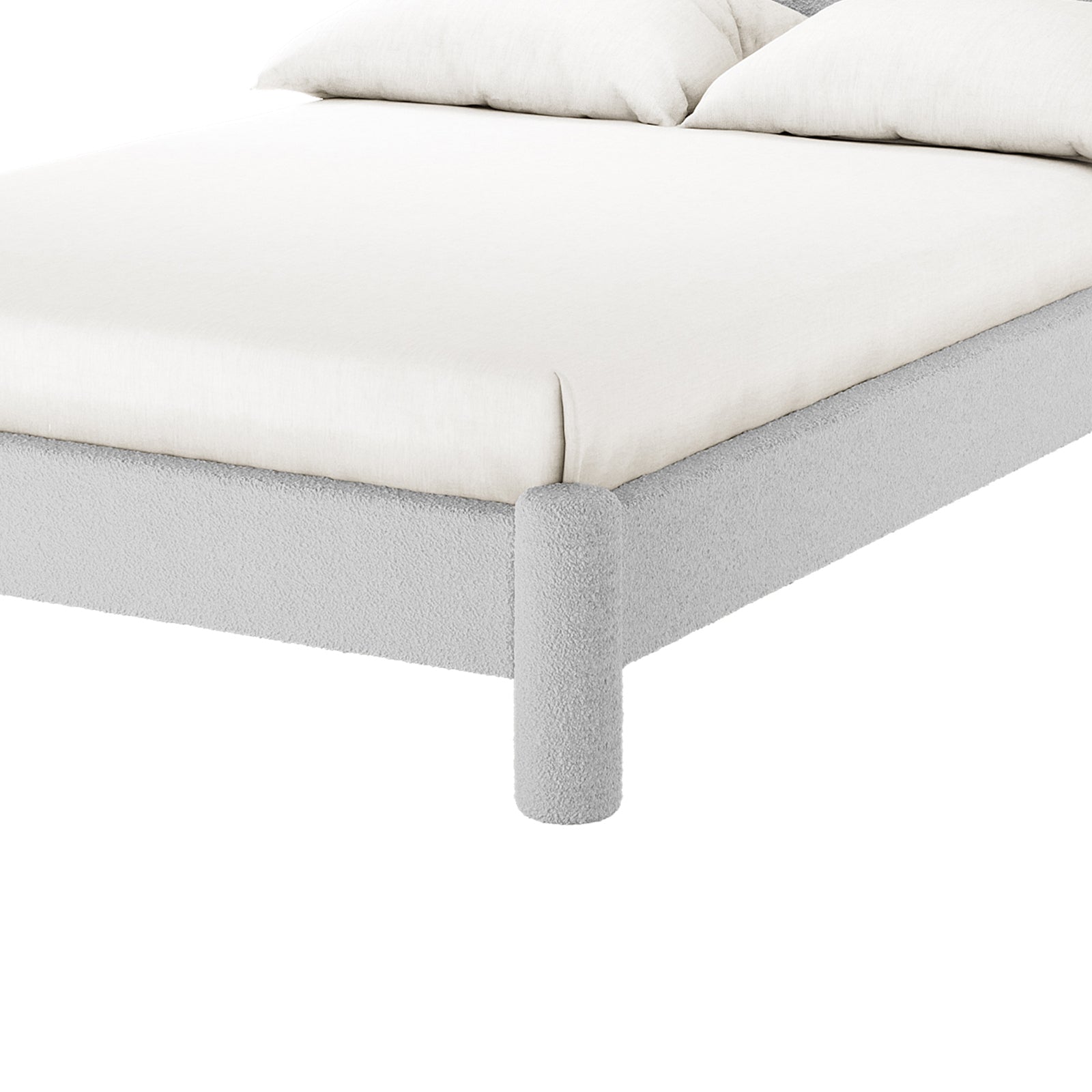 Rhoda Double Boucle Fabric Bed Frame in Light Grey, featuring a low-profile design with a soft-fabric frame, cylindrical legs, and an oversized curved headboard for modern comfort and style.