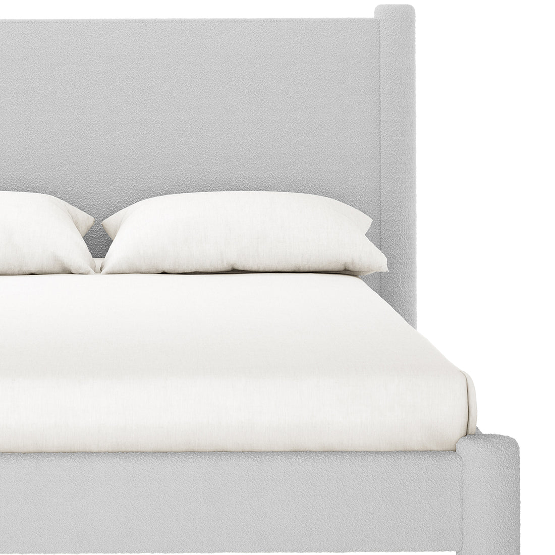 Front view of Rhoda Double Boucle Fabric Bed Frame in Light Grey, featuring a tall, straight headboard and low-profile frame in pale boucle fabric, with a white mattress and pillows.