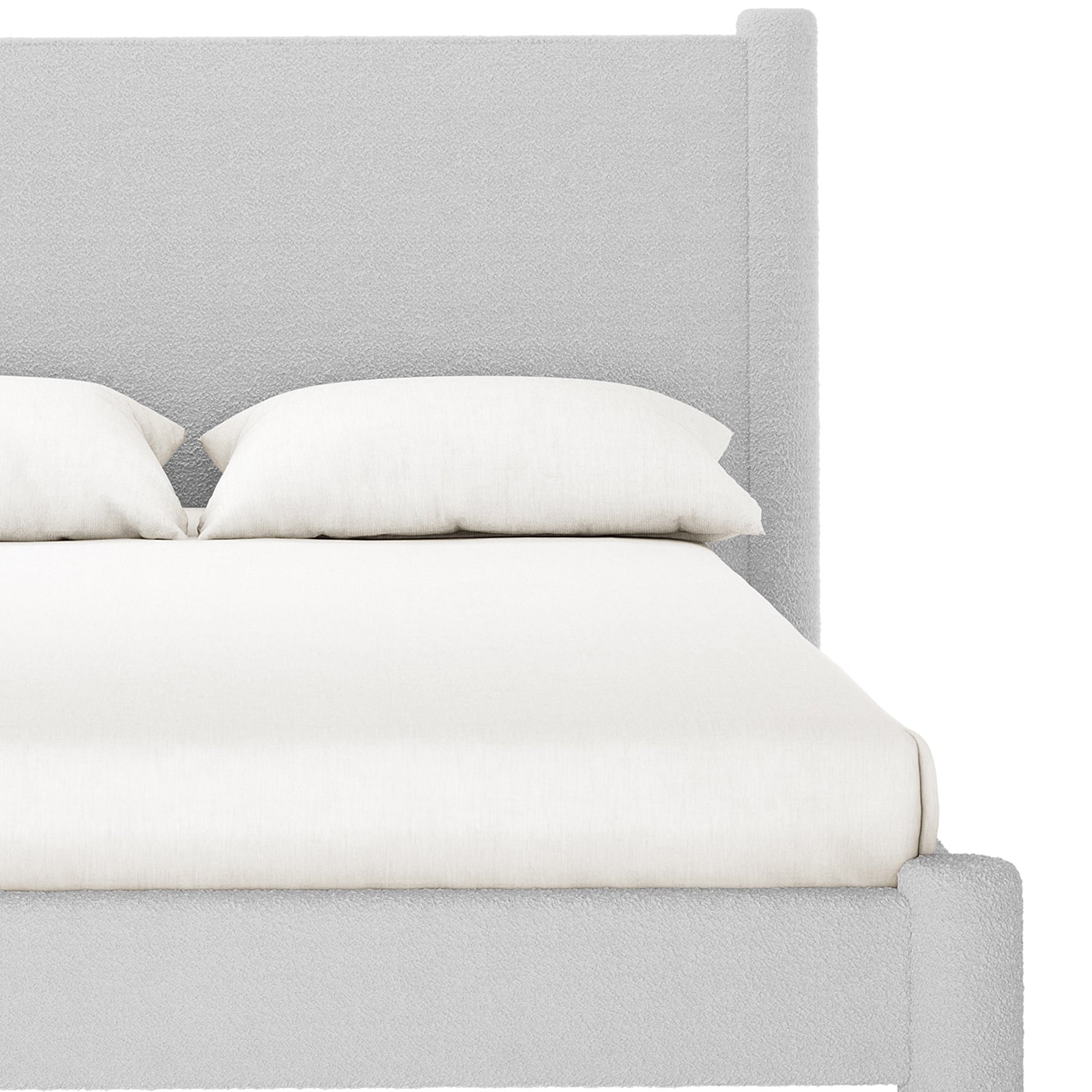 Front view of Rhoda Double Boucle Fabric Bed Frame in Light Grey, featuring a tall, straight headboard and low-profile frame in pale boucle fabric, with a white mattress and pillows.