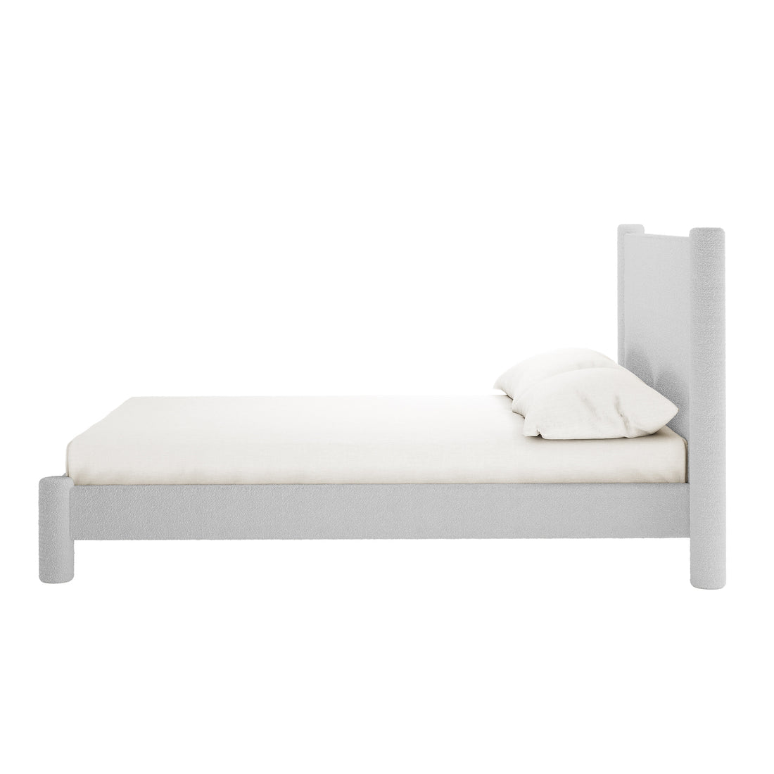 Rhoda Double Boucle Fabric Bed Frame in Light Grey features a minimalist design with a tall, padded headboard, upholstered frame, low side rails, cylindrical legs, and a plain mattress with a matching pillow.