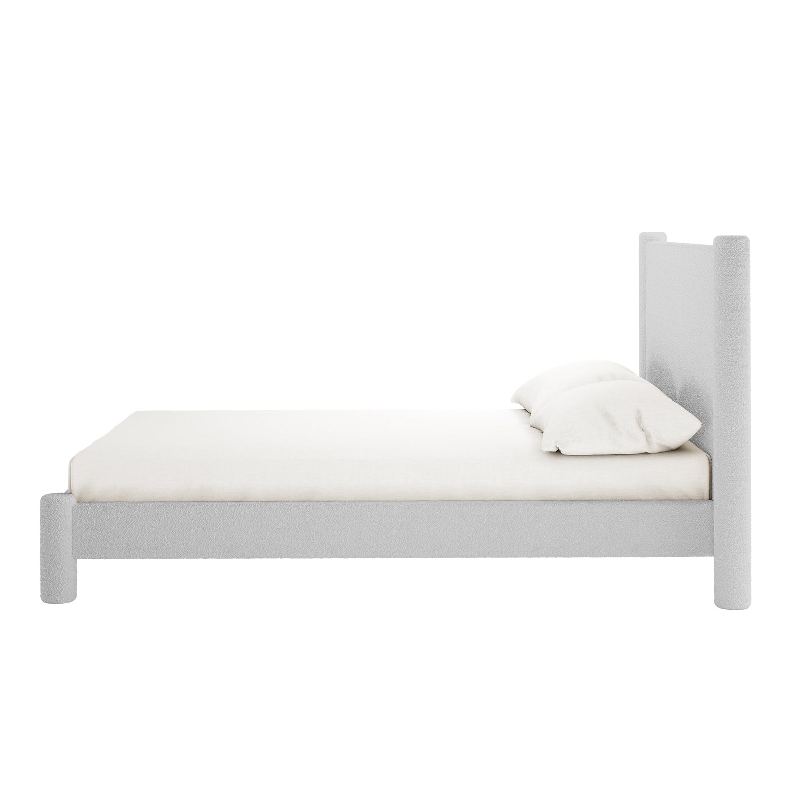 Rhoda Double Boucle Fabric Bed Frame in Light Grey features a minimalist design with a tall, padded headboard, upholstered frame, low side rails, cylindrical legs, and a plain mattress with a matching pillow.