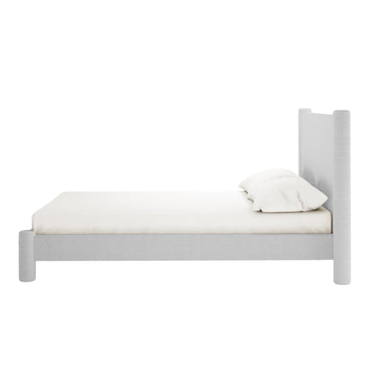 Rhoda Double Boucle Fabric Bed Frame in Light Grey features a minimalist design with a tall, padded headboard, upholstered frame, low side rails, cylindrical legs, and a plain mattress with a matching pillow.