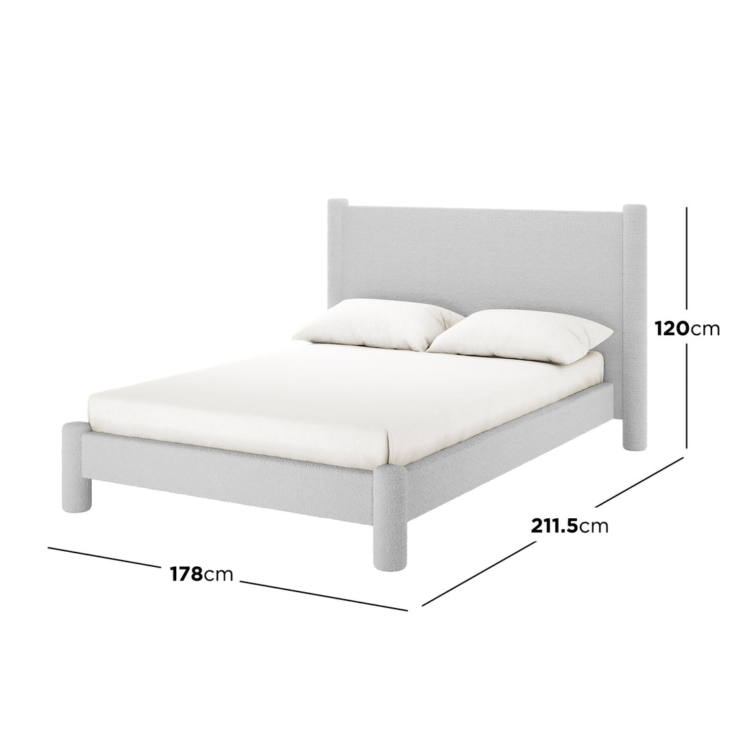 Rhoda Double Boucle Fabric Bed Frame in Light Grey features a low-profile, fully upholstered design with a plush oversized headboard, emphasizing modern comfort and style with dimensional callouts for size.