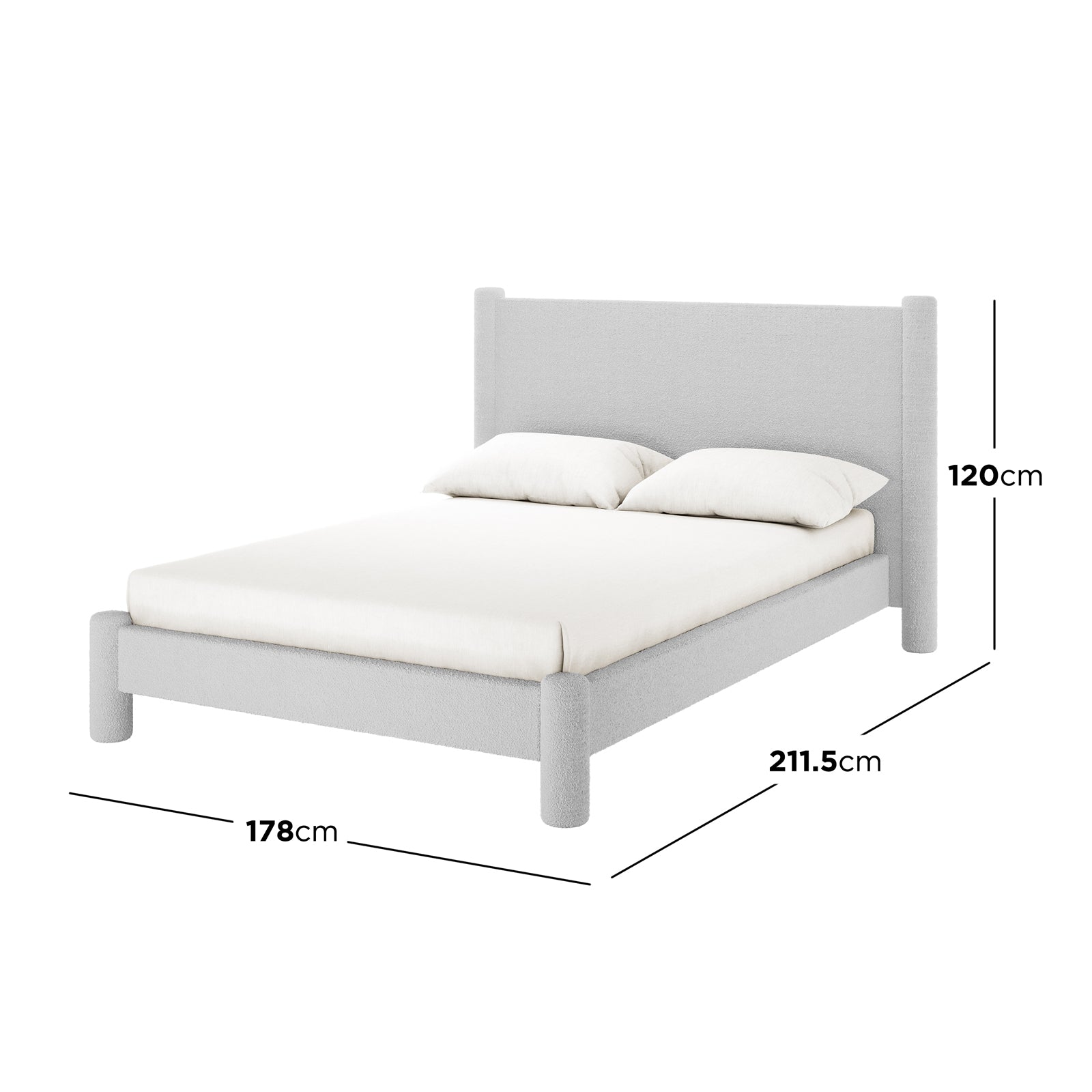 Rhoda Double Boucle Fabric Bed Frame in Light Grey features a low-profile, fully upholstered design with a plush oversized headboard, emphasizing modern comfort and style with dimensional callouts for size.