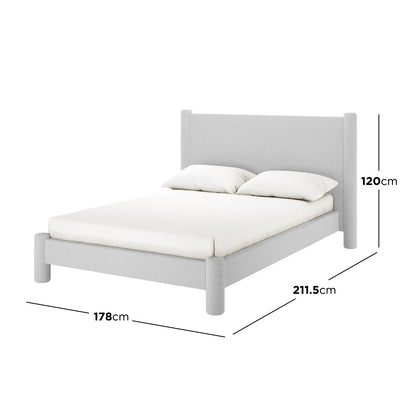 Rhoda Double Boucle Fabric Bed Frame in Light Grey features a low-profile, fully upholstered design with a plush oversized headboard, emphasizing modern comfort and style with dimensional callouts for size.