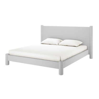 Rhoda King Boucle Fabric Bed Frame in Light Grey features a low-profile design with a tall, straight headboard. Upholstered in light-gray fabric, it includes a fitted mattress and matching pillows for a minimalist look.