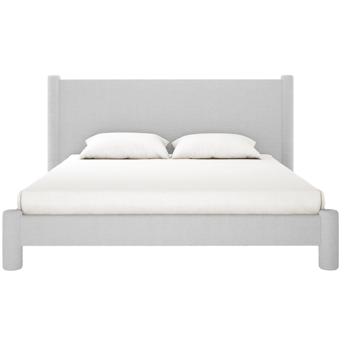 Rhoda King Boucle Fabric Bed Frame in Light Grey, featuring a low-profile design with a plush, oversized headboard and fully upholstered frame. The bed is dressed in white bedding with two pillows.