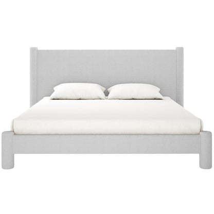 Rhoda King Boucle Fabric Bed Frame in Light Grey, featuring a low-profile design with a plush, oversized headboard and fully upholstered frame. The bed is dressed in white bedding with two pillows.