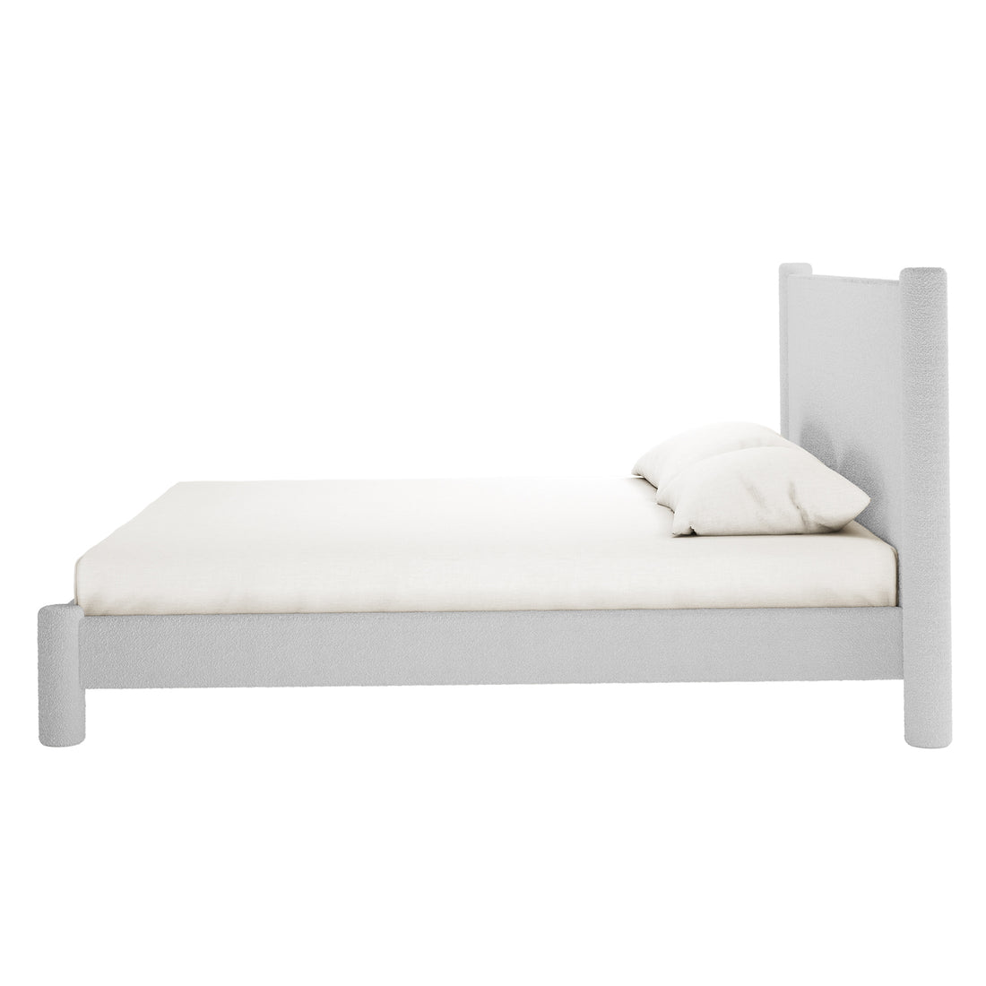 Rhoda King Boucle Fabric Bed Frame in Light Grey features a minimalist, low-profile design with a rectangular headboard and fitted mattress. Two pillows rest near the headboard, creating a sleek and elegant bedroom centerpiece.