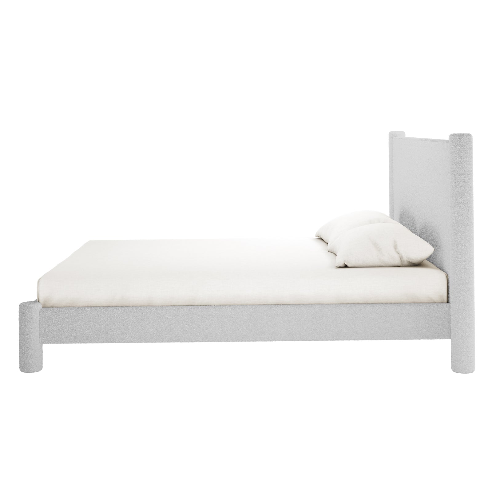 Rhoda King Boucle Fabric Bed Frame in Light Grey features a minimalist, low-profile design with a rectangular headboard and fitted mattress. Two pillows rest near the headboard, creating a sleek and elegant bedroom centerpiece.