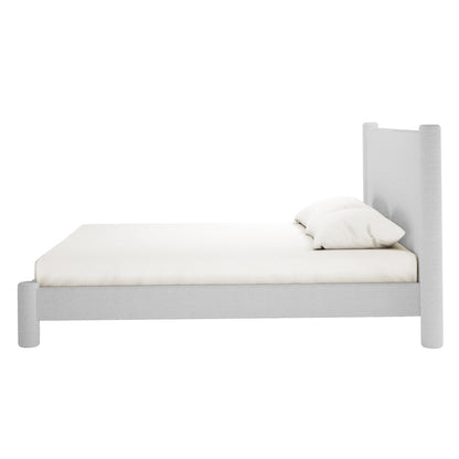 Rhoda King Boucle Fabric Bed Frame in Light Grey features a minimalist, low-profile design with a rectangular headboard and fitted mattress. Two pillows rest near the headboard, creating a sleek and elegant bedroom centerpiece.