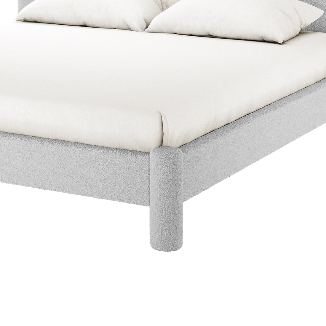 Rhoda King Boucle Fabric Bed Frame in Light Grey features a lightly textured upholstered platform with short cylindrical legs, topped with a fitted mattress and pillows, showcasing contemporary elegance and plush comfort.