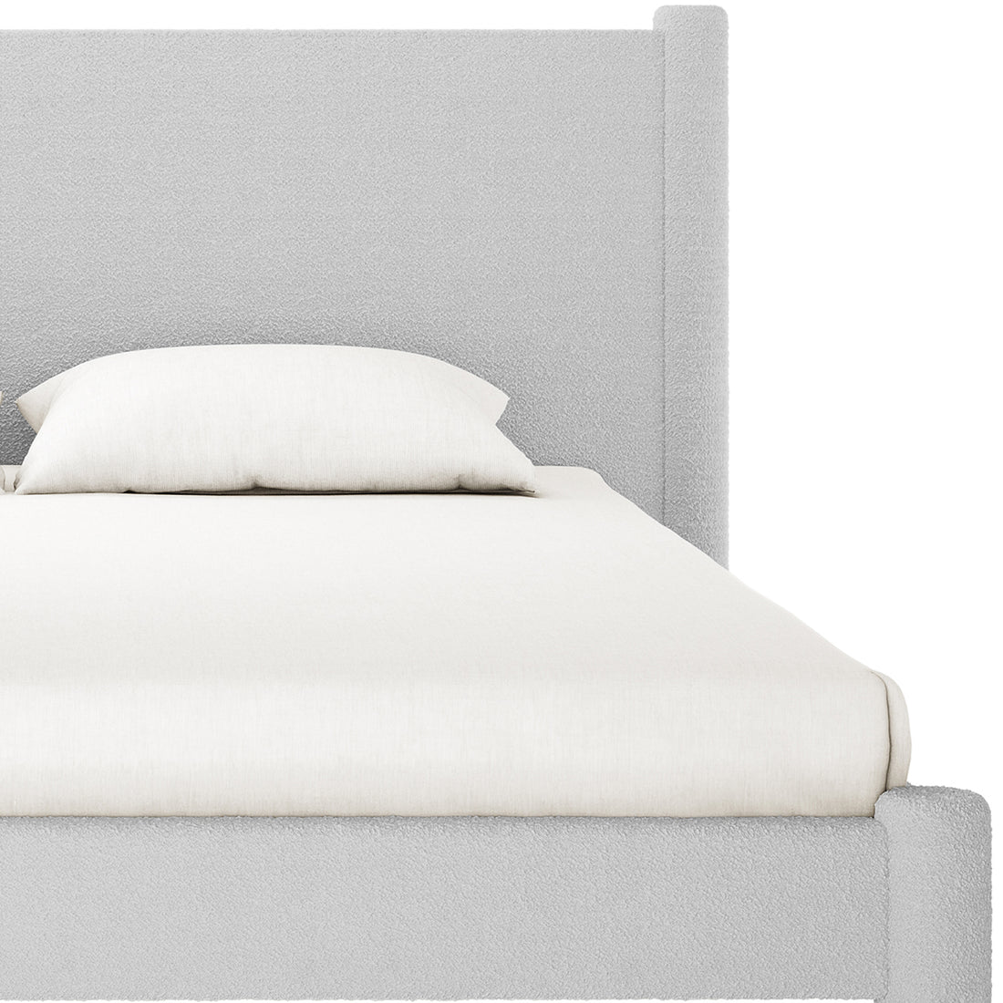 Rhoda King Boucle Fabric Bed Frame in Light Grey featuring a textured headboard and frame, topped with a white mattress and pillow. The plush design adds elegance and comfort to any bedroom.