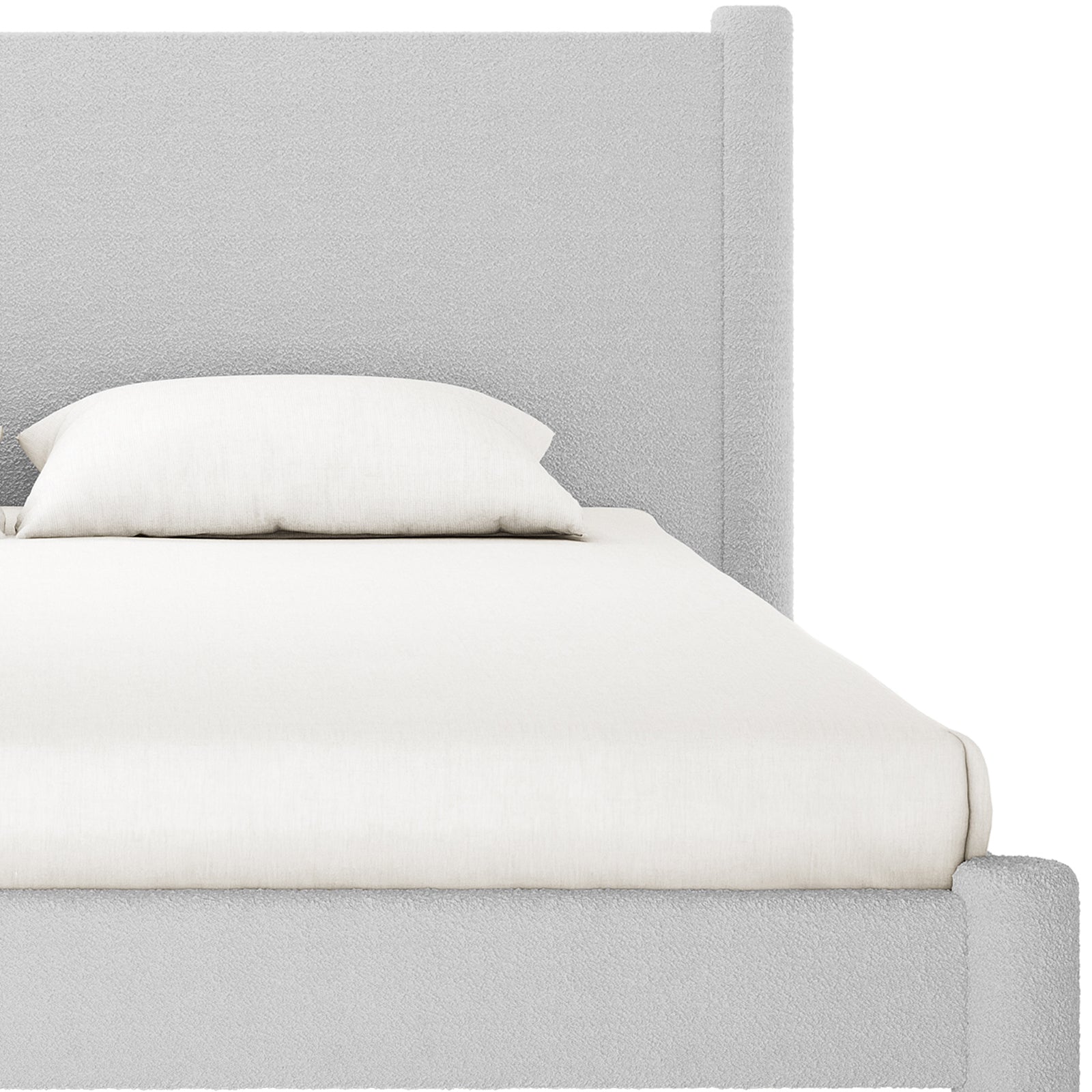 Rhoda King Boucle Fabric Bed Frame in Light Grey featuring a textured headboard and frame, topped with a white mattress and pillow. The plush design adds elegance and comfort to any bedroom.