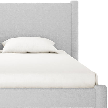 Rhoda King Boucle Fabric Bed Frame in Light Grey featuring a textured headboard and frame, topped with a white mattress and pillow. The plush design adds elegance and comfort to any bedroom.