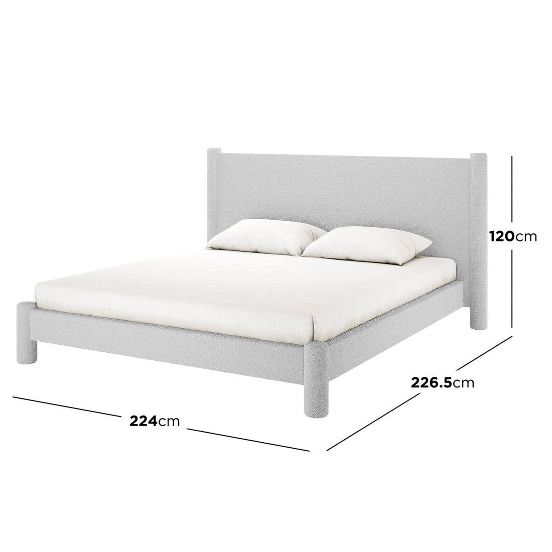 Rhoda King Boucle Fabric Bed Frame in Light Grey, showcasing an upholstered platform with a plush curved headboard, mattress, and pillows. Dimensions: 224x226.5x120 cm, emphasizing spacious comfort and contemporary elegance.