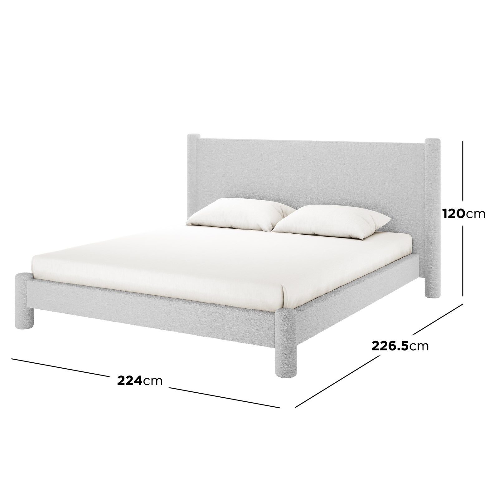 Rhoda King Boucle Fabric Bed Frame in Light Grey, showcasing an upholstered platform with a plush curved headboard, mattress, and pillows. Dimensions: 224x226.5x120 cm, emphasizing spacious comfort and contemporary elegance.