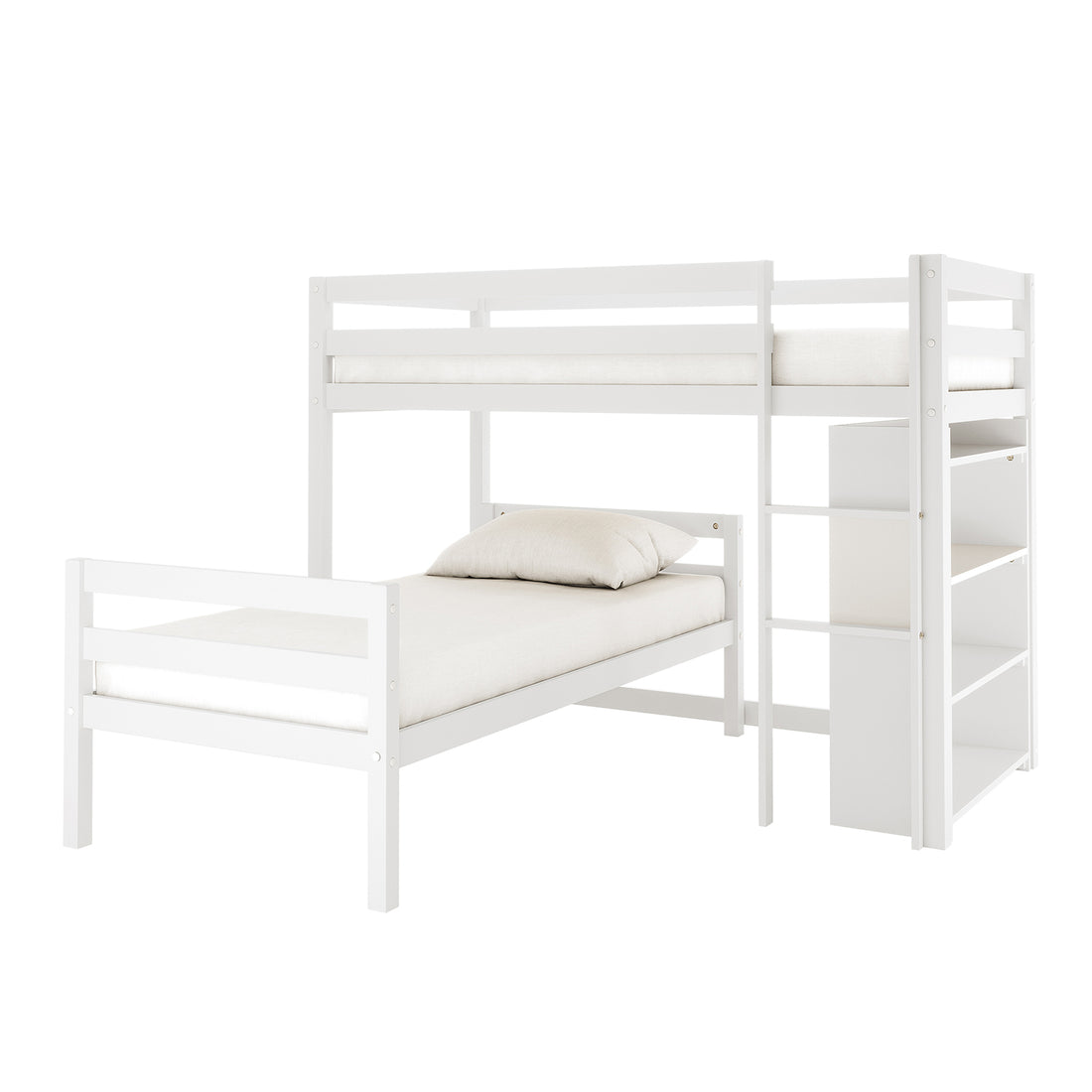 Ross Solid Pine Wood Bunk Bed with Storage in White features an L-shaped design, integrated ladder, and built-in shelving. Guard-railed top bunk, angled bottom bunk, enhancing functionality and space efficiency.