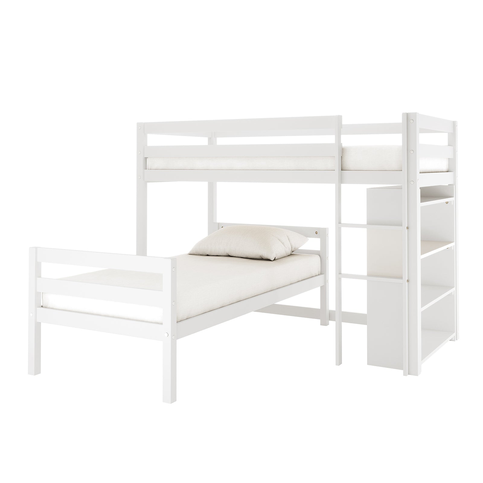 Ross Solid Pine Wood Bunk Bed with Storage in White features an L-shaped design, integrated ladder, and built-in shelving. Guard-railed top bunk, angled bottom bunk, enhancing functionality and space efficiency.