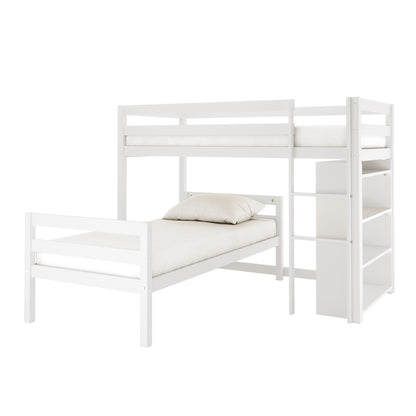 Ross Solid Pine Wood Bunk Bed with Storage in White features an L-shaped design, integrated ladder, and built-in shelving. Guard-railed top bunk, angled bottom bunk, enhancing functionality and space efficiency.