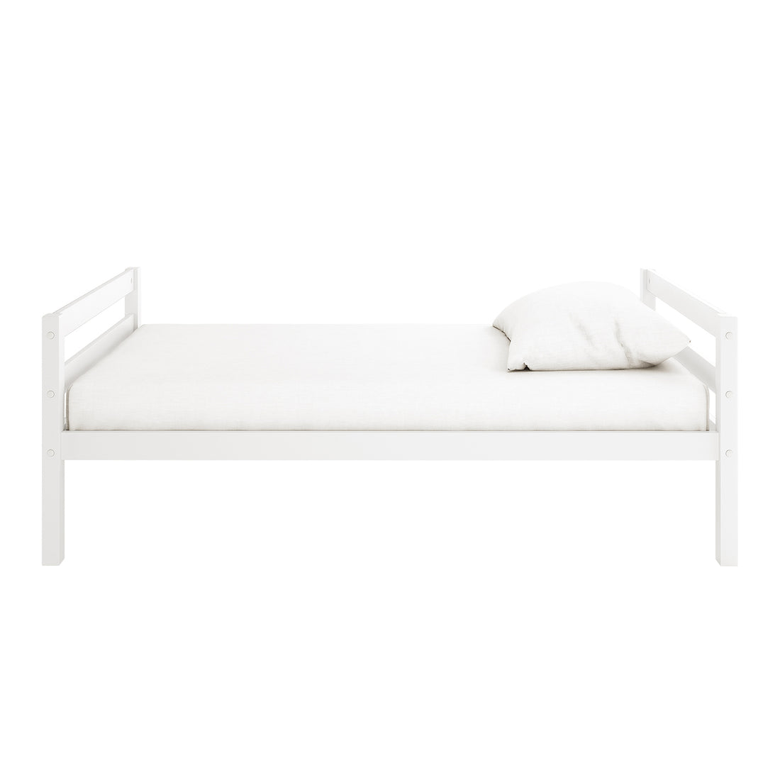 Ross Solid Pine Wood Bunk Bed with Storage in White, featuring a simple white wooden frame and mattress. Ideal for space-saving, designed with built-in storage shelving, enhancing functionality and modern appeal.