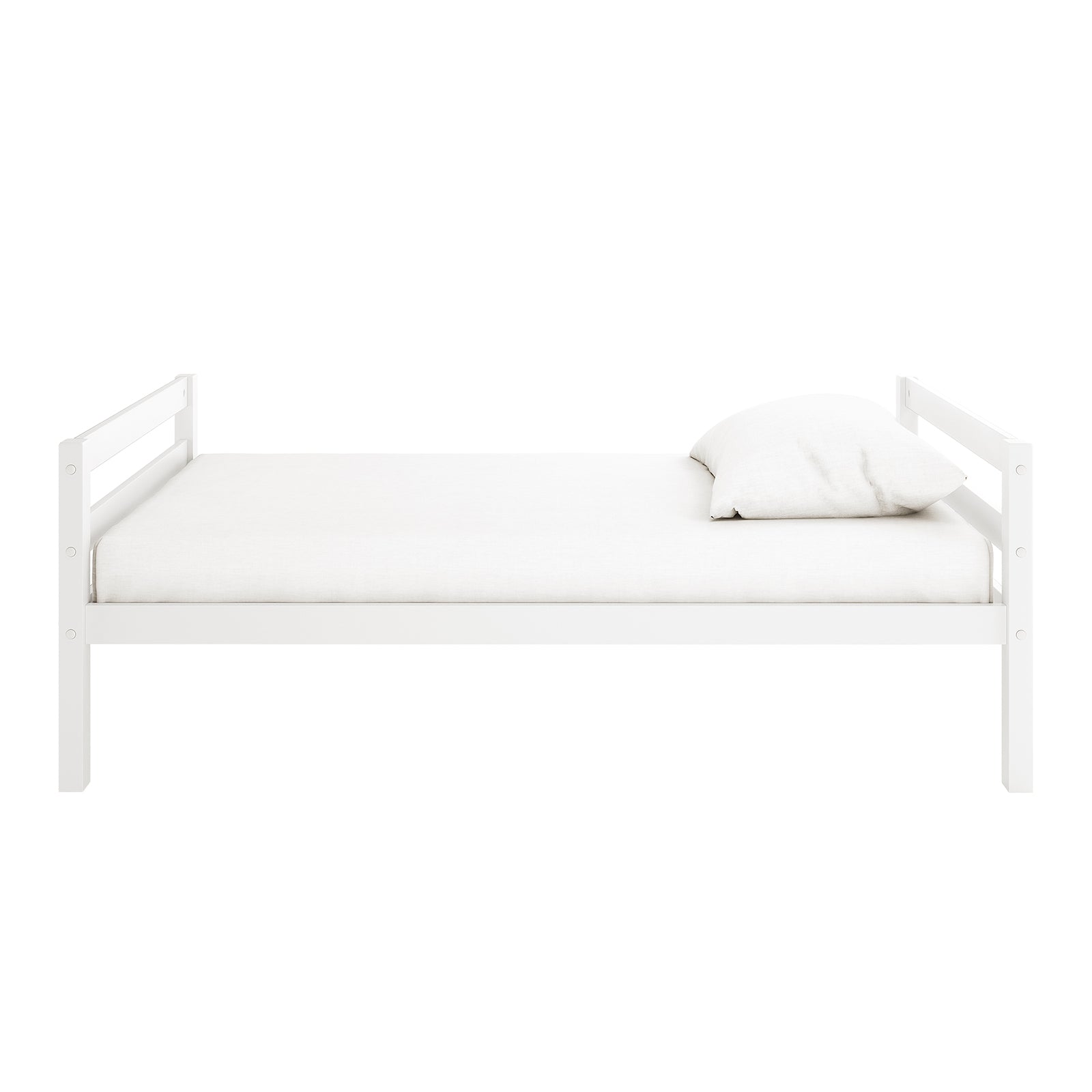 Ross Solid Pine Wood Bunk Bed with Storage in White, featuring a simple white wooden frame and mattress. Ideal for space-saving, designed with built-in storage shelving, enhancing functionality and modern appeal.