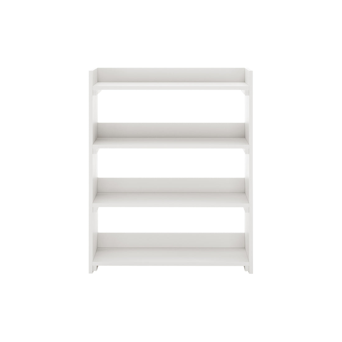Ross Solid Pine Wood Bunk Bed with Storage in White features a minimalist, freestanding white shelving unit with four open shelves, perfect for organizing books and decorative items.