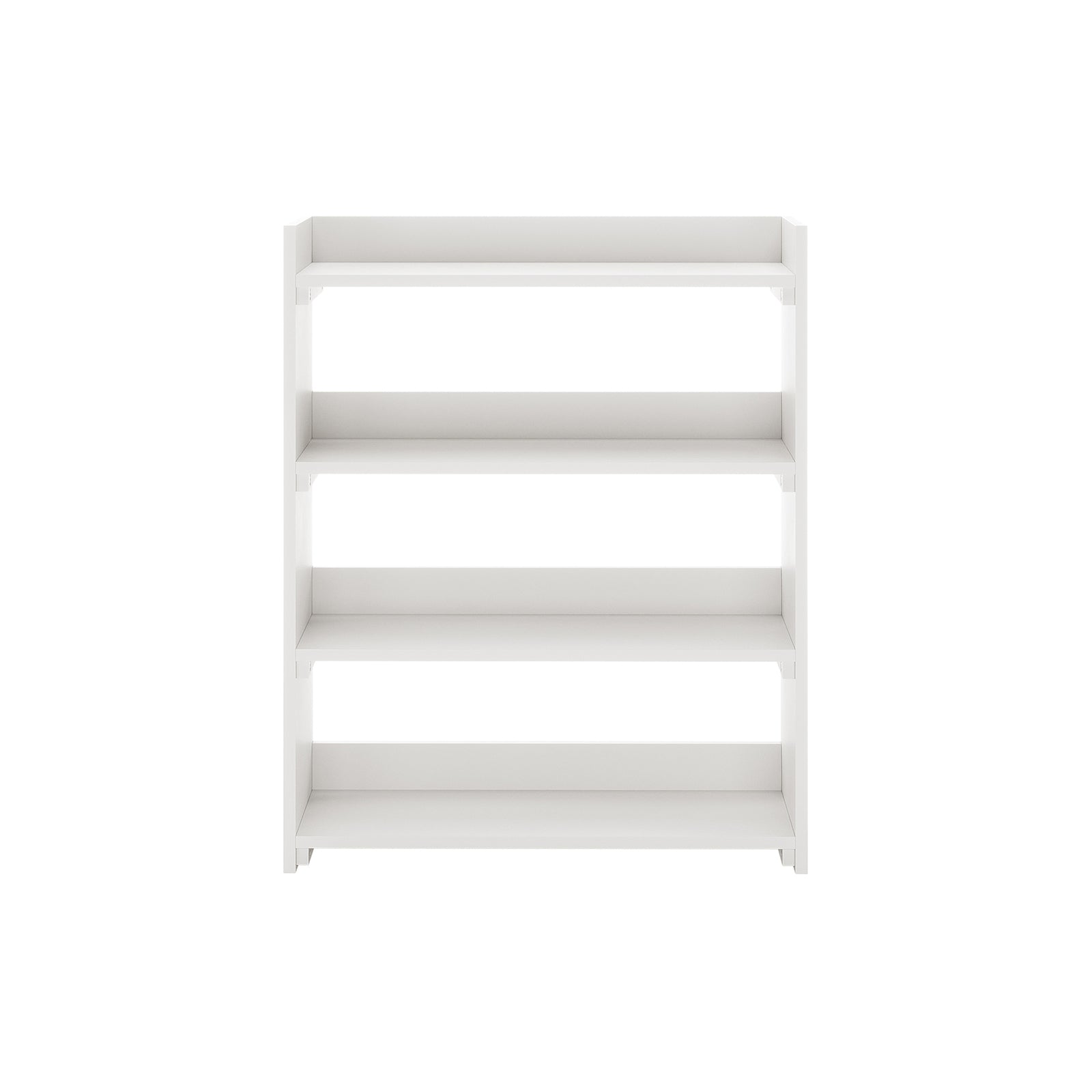 Ross Solid Pine Wood Bunk Bed with Storage in White features a minimalist, freestanding white shelving unit with four open shelves, perfect for organizing books and decorative items.
