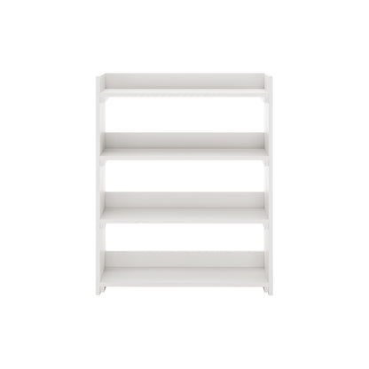 Ross Solid Pine Wood Bunk Bed with Storage in White features a minimalist, freestanding white shelving unit with four open shelves, perfect for organizing books and decorative items.