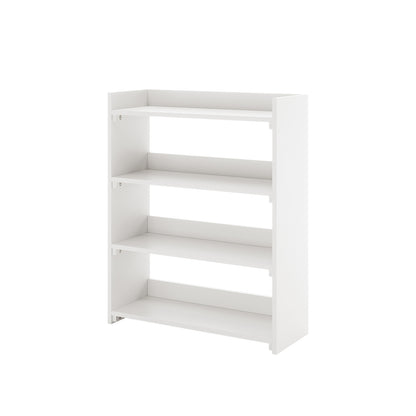 Ross Solid Pine Wood Bunk Bed with Storage in White, featuring a three-tiered, freestanding white storage shelf unit on the side for holding small items, enhancing bedroom functionality and space efficiency.