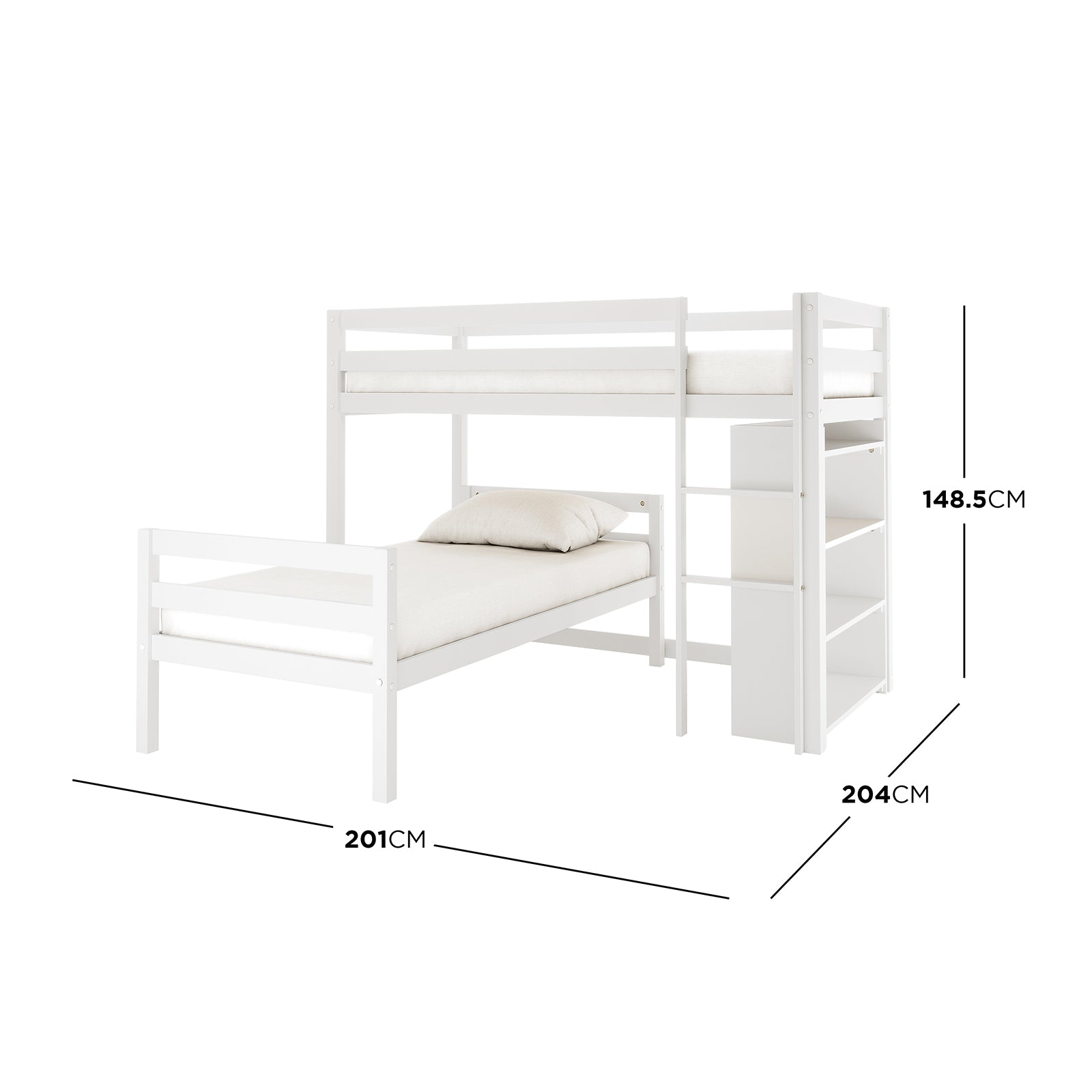 Ross Solid Pine Wood Bunk Bed with Storage in White, featuring an L-shaped design with a top and bottom single mattress, built-in right-side ladder, and open shelving unit for added functionality.