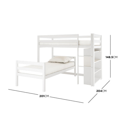 Ross Solid Pine Wood Bunk Bed with Storage in White, featuring an L-shaped design with a top and bottom single mattress, built-in right-side ladder, and open shelving unit for added functionality.