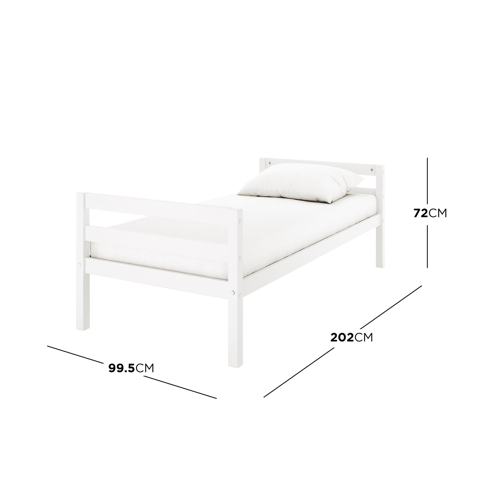 Ross Solid Pine Wood Bunk Bed with Storage in White, featuring a single bed frame with low headboard and footboard, and dimension markings showing 99.5 cm wide, 202 cm long, 72 cm tall.