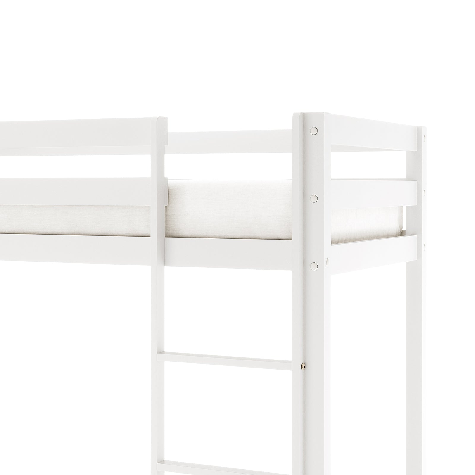 Ross Solid Pine Wood Bunk Bed with Storage in White featuring a visible top bunk with guardrails, mattress, and vertical ladder section, exemplifying modern space-saving design and practicality for bedrooms.