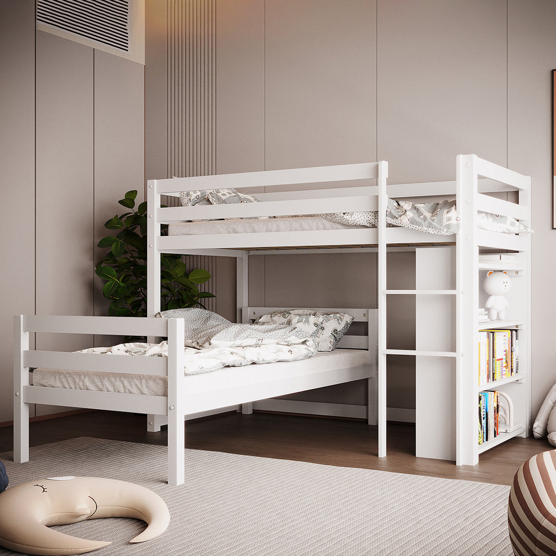 Ross Solid Pine Wood Bunk Bed with Storage in White features an L-shaped design, short ladder, built-in shelves with books and figurine, and a cozy nook beneath the lower bunk.