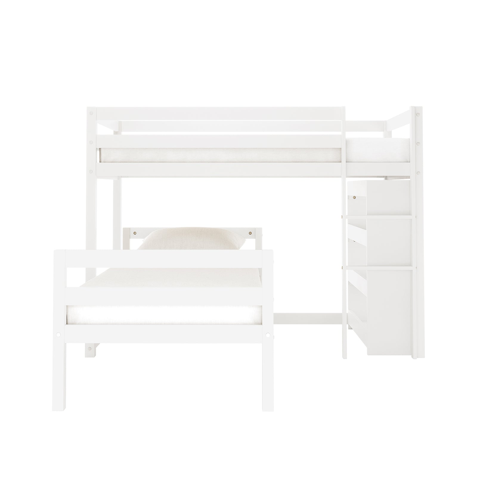 Ross Solid Pine Wood Bunk Bed with Storage in White features an L-shaped design, top and bottom beds, integrated ladder, and built-in storage shelves, ideal for maximizing space in modern bedrooms.