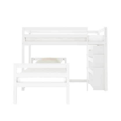 Ross Solid Pine Wood Bunk Bed with Storage in White features an L-shaped design, top and bottom beds, integrated ladder, and built-in storage shelves, ideal for maximizing space in modern bedrooms.