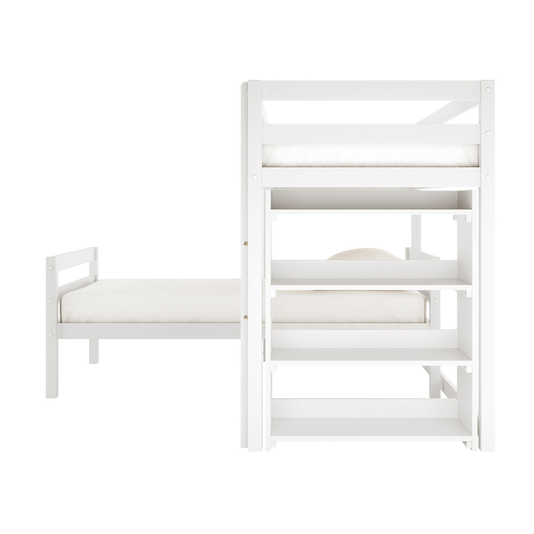 Ross Solid Pine Wood Bunk Bed with Storage in White features a loft-style design, integrated lower daybed or trundle, and built-in shelving at one end, showcasing modern functionality and space efficiency.