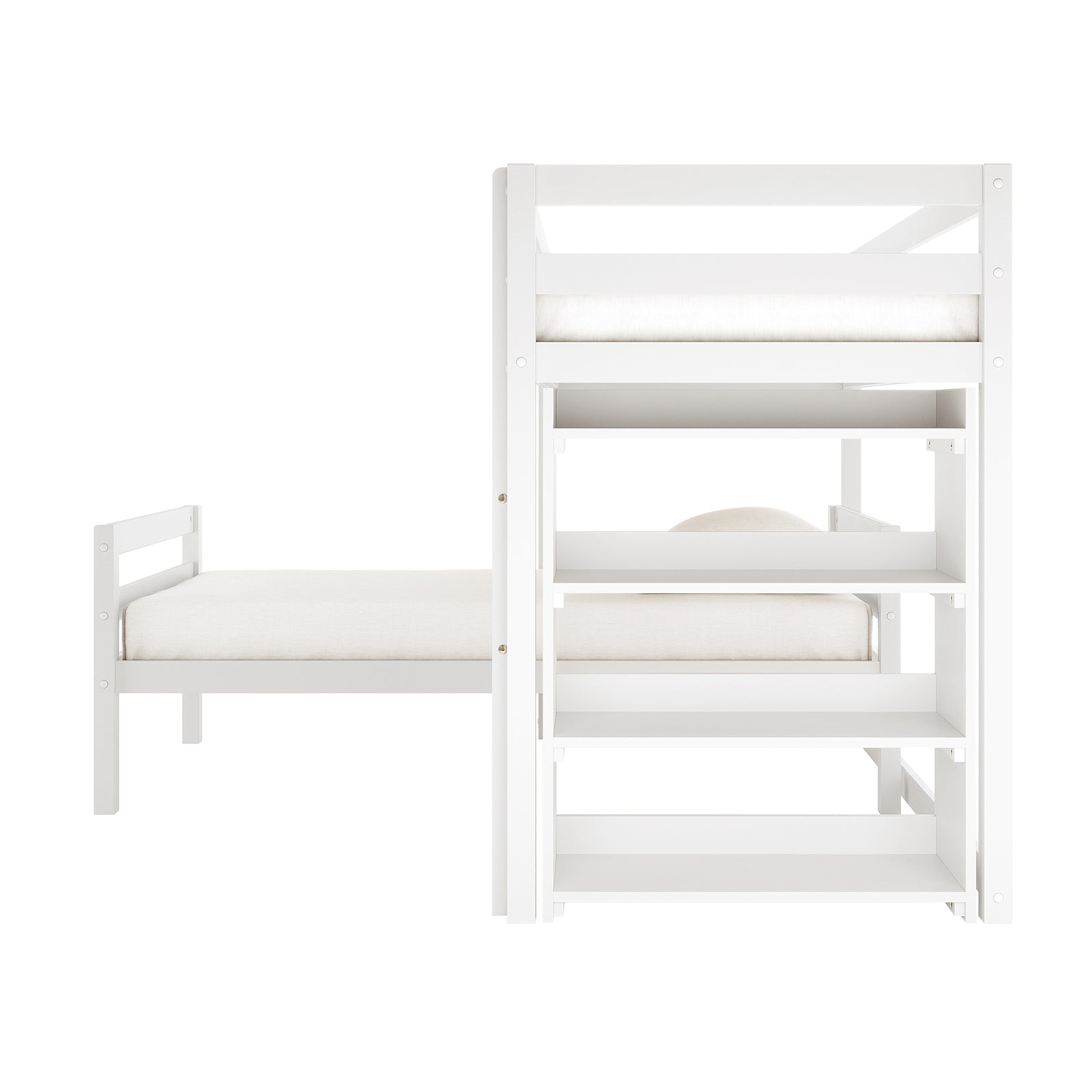 Ross Solid Pine Wood Bunk Bed with Storage in White features a loft-style design, integrated lower daybed or trundle, and built-in shelving at one end, showcasing modern functionality and space efficiency.
