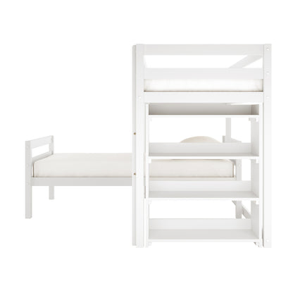 Ross Solid Pine Wood Bunk Bed with Storage in White features a loft-style design, integrated lower daybed or trundle, and built-in shelving at one end, showcasing modern functionality and space efficiency.