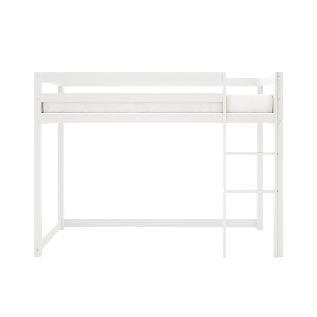 Ross Solid Pine Wood Bunk Bed with Storage in White features an all-white loft design with guard rails, a short ladder on the right, and integrated storage shelves, enhancing functionality and space efficiency.