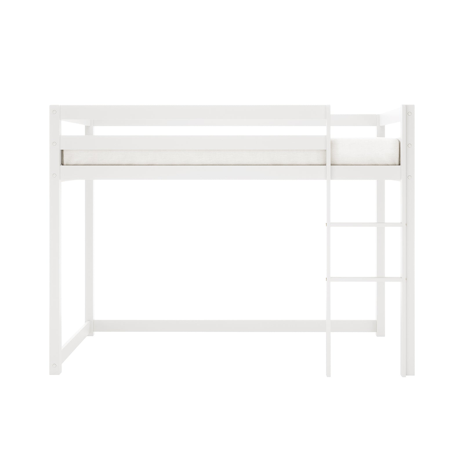 Ross Solid Pine Wood Bunk Bed with Storage in White features an all-white loft design with guard rails, a short ladder on the right, and integrated storage shelves, enhancing functionality and space efficiency.