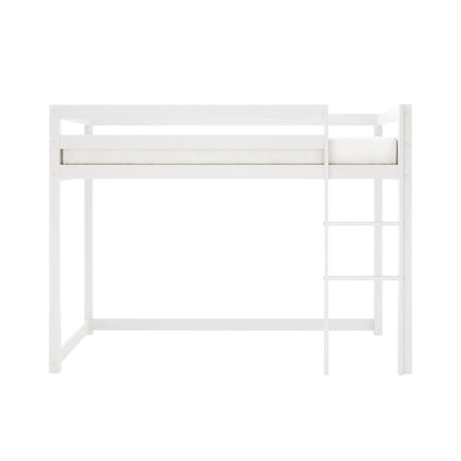Ross Solid Pine Wood Bunk Bed with Storage in White features an all-white loft design with guard rails, a short ladder on the right, and integrated storage shelves, enhancing functionality and space efficiency.