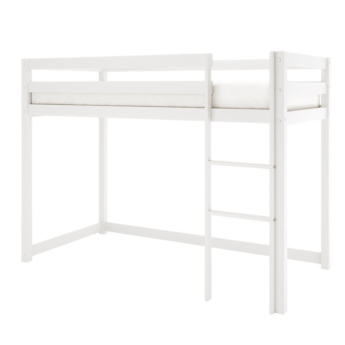 Ross Solid Pine Wood Bunk Bed with Storage in White features a raised single-size frame with guardrails, an attached ladder, and built-in right-side storage shelves. Ideal for maximizing bedroom space.