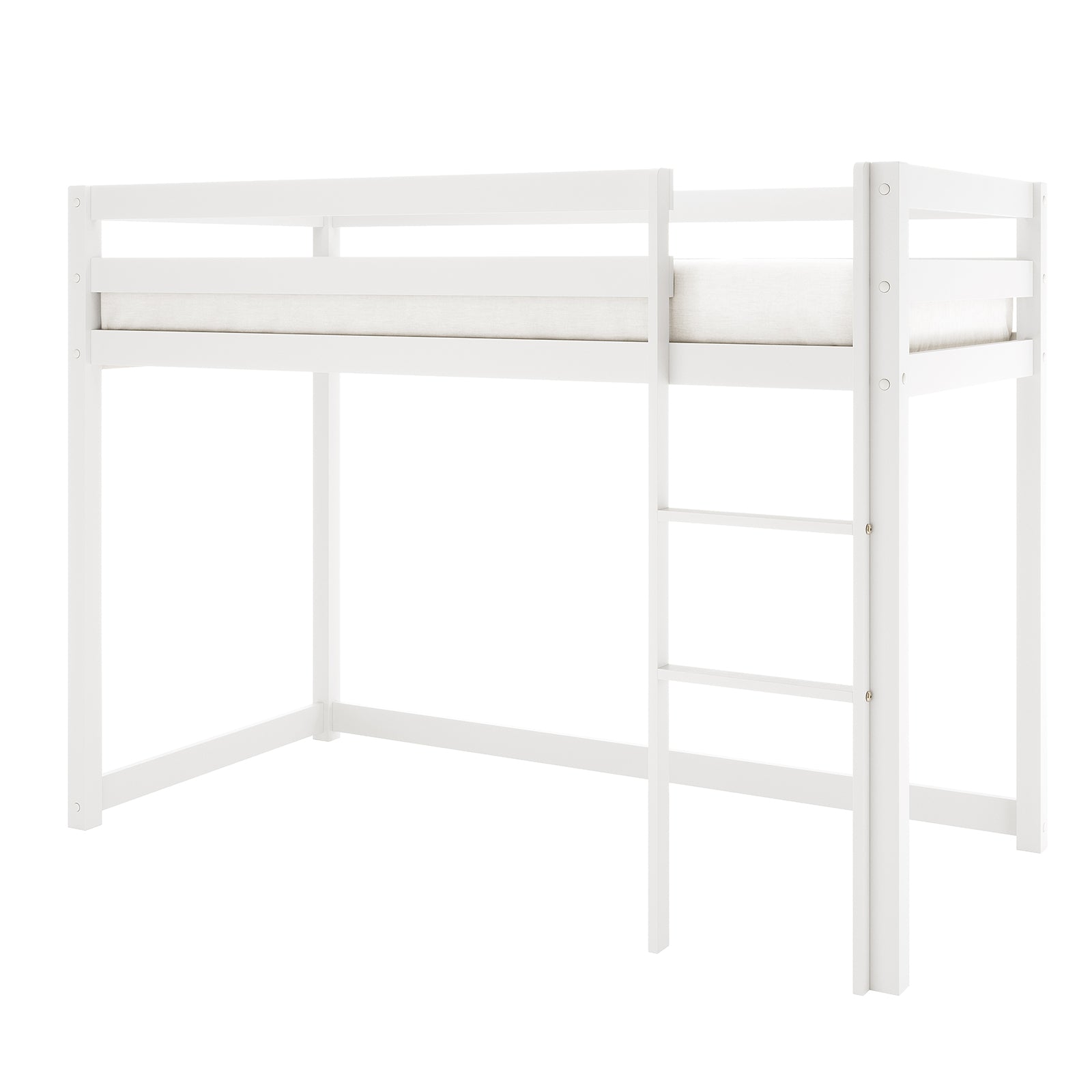 Ross Solid Pine Wood Bunk Bed with Storage in White features a raised single-size frame with guardrails, an attached ladder, and built-in right-side storage shelves. Ideal for maximizing bedroom space.